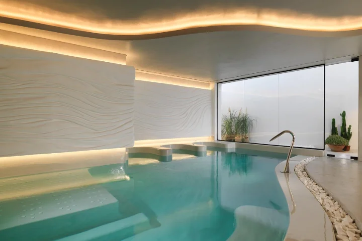 Een overdekt thalassotherapiebad met lichtturkoois water en ingebouwde ligbedden, een golvend gestructureerde witte wand verlicht door koofverlichting, een gebogen plafond, een groot matglazen raam, siergrassen in pot en een cactus, en een rand van kiezels.