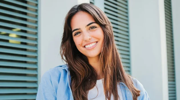Een vrouw met lang donker haar en goed gedefinieerde wenkbrauwen staat glimlachend buiten voor een gebouw met groene luiken