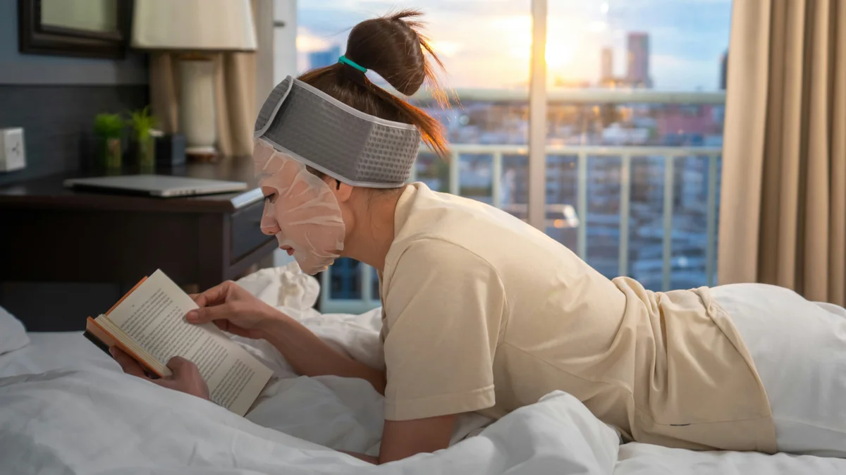 Zijaanzicht van een vrouw die op haar buik op bed ligt en een boek leest, met een hydraterend masker op haar gezicht en een haarband