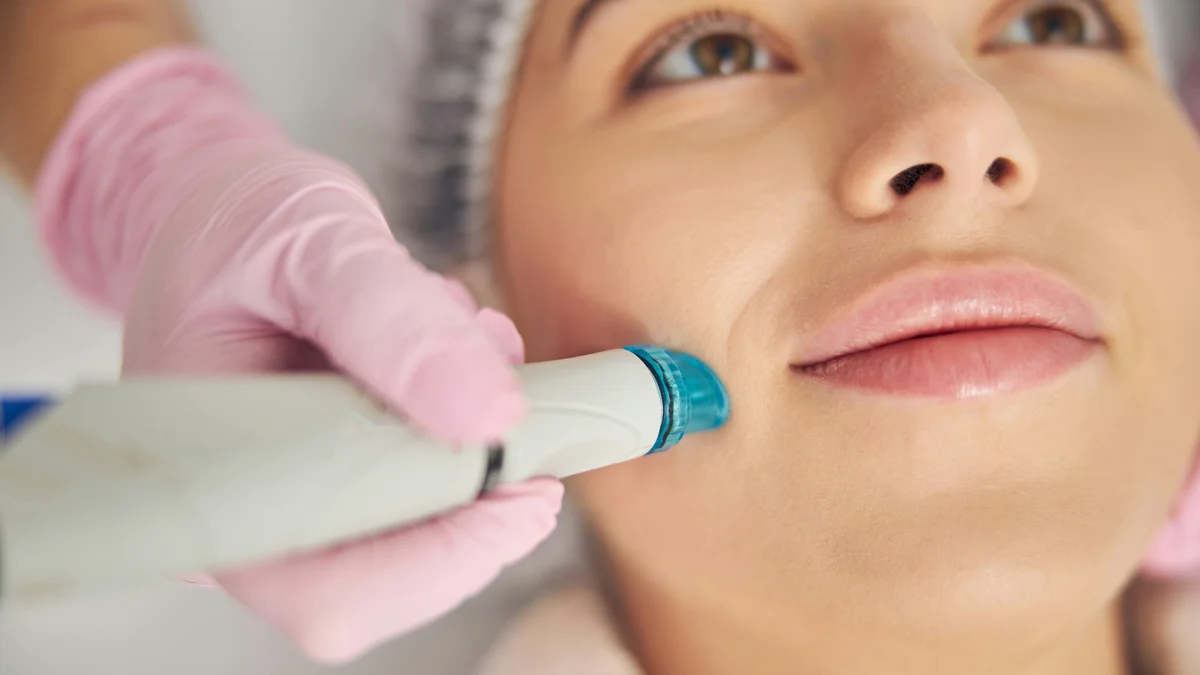 Close-up van een HydraFacial-apparaat dat tijdens een behandeling in de salon over de wang van een klant glijdt