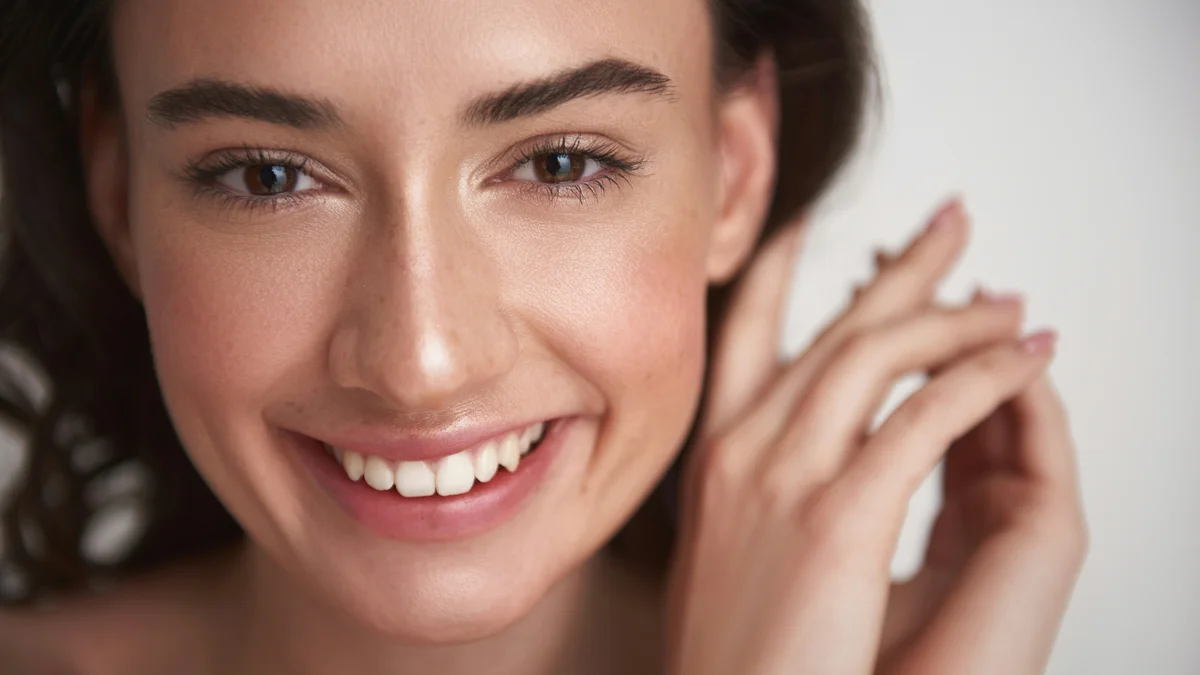 Close-up van het lachende gezicht van een vrouw met lichte make-up en een stralende huid