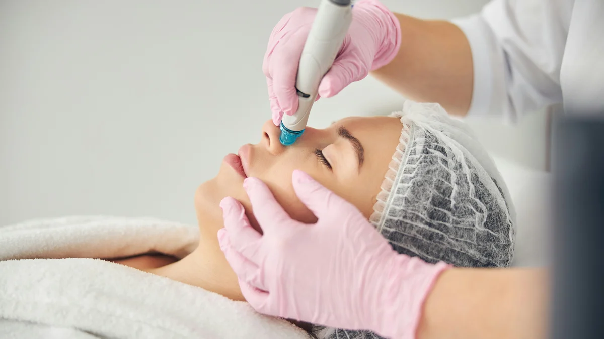 Close-up van een vrouw tijdens een HydraFacial-behandeling terwijl een specialist met handschoenen het apparaat over haar neus laat glijden